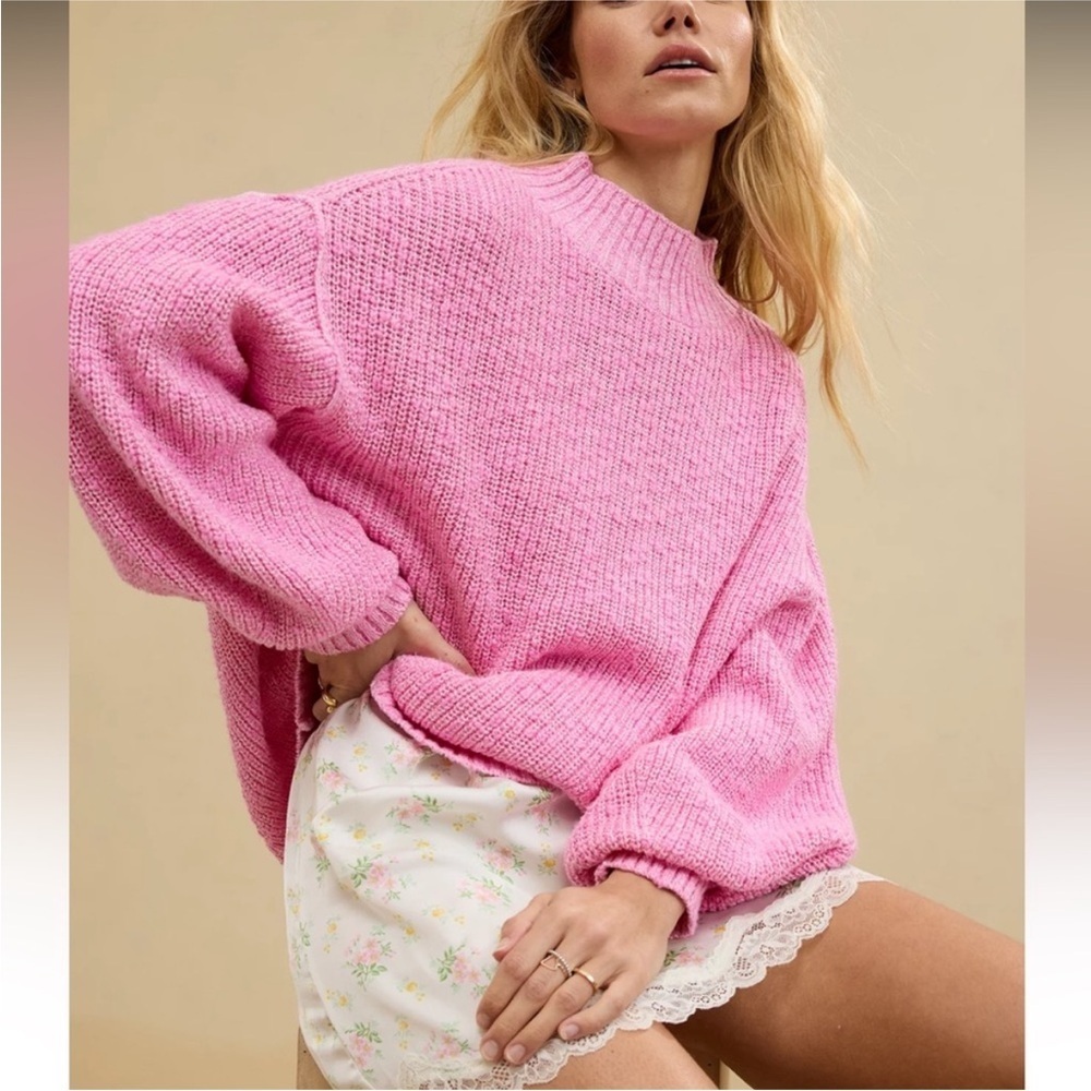 NWT Aerie Hits The Spot Mockneck Raspberry Pink Knit Sweater Size Medium Cotton